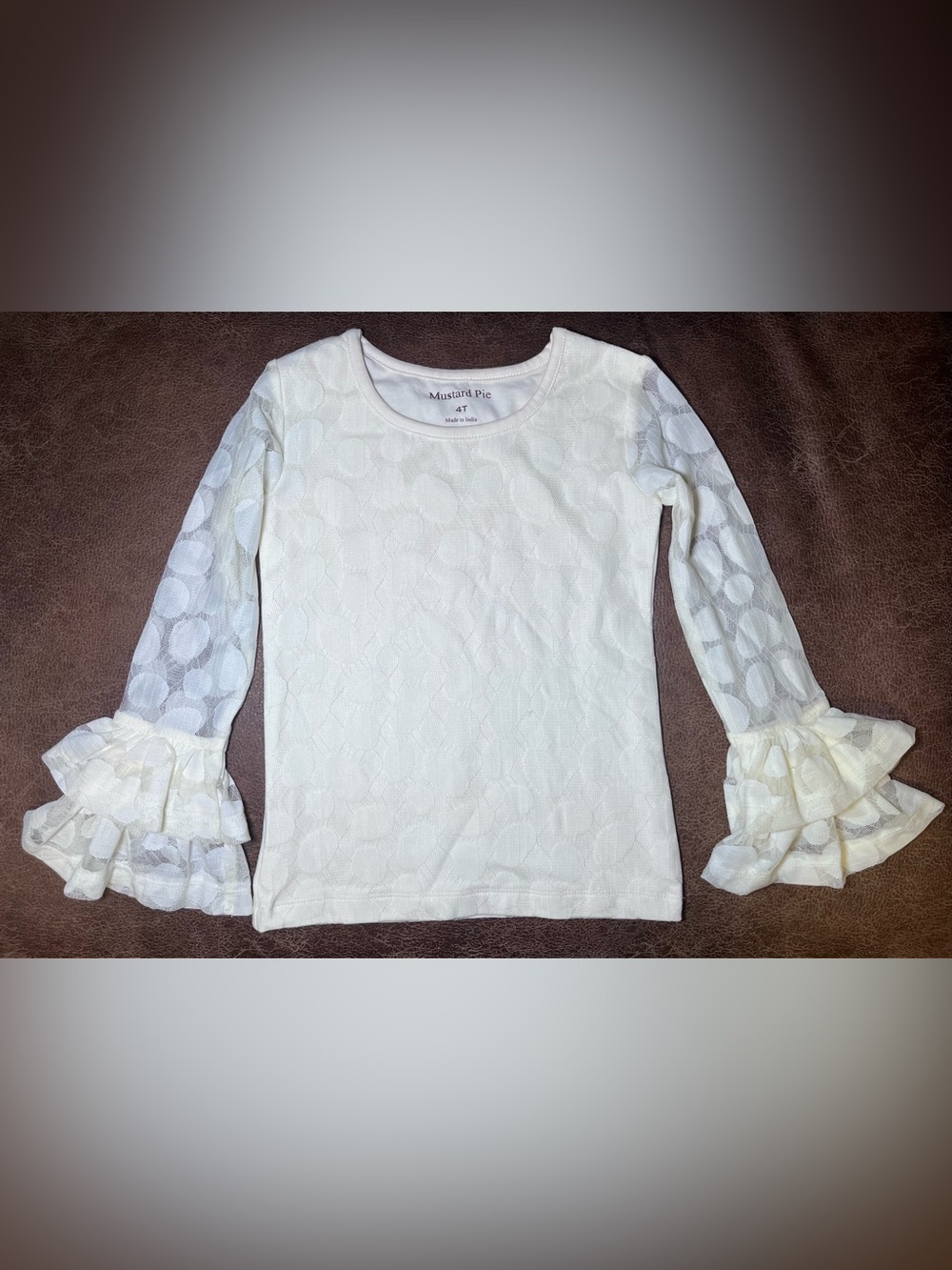 Mustard Pie Girls Polka Dot Ruffle Lace Long Sleeve Layering Top Ivory Size 4T